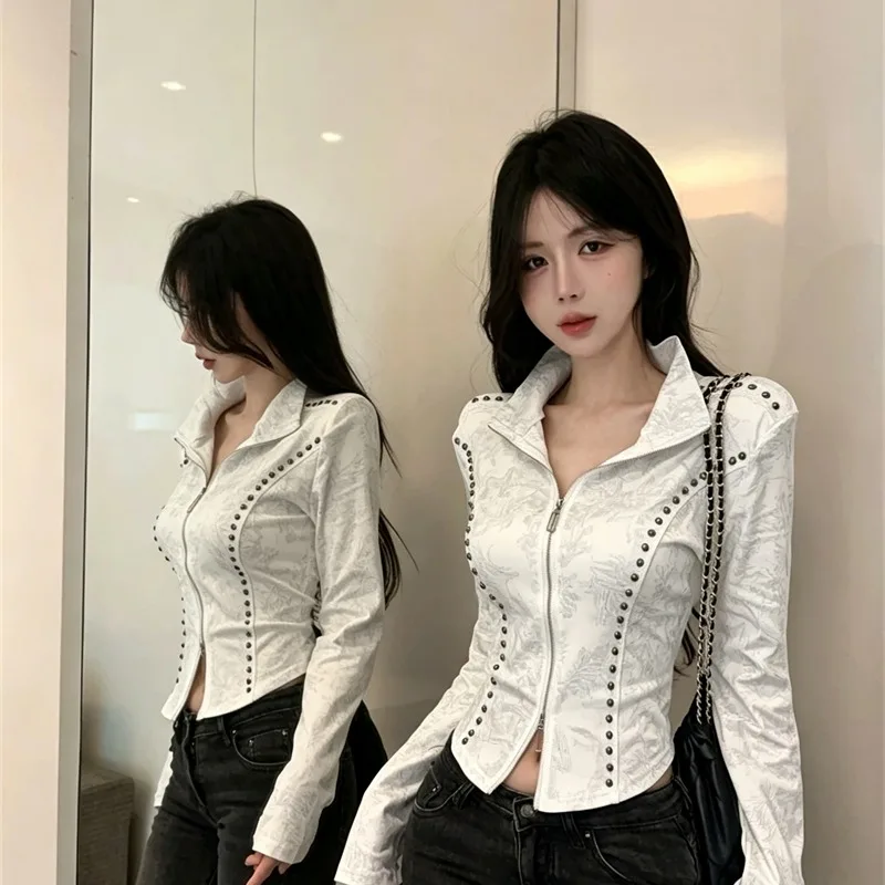 Spicy Girl Printed T-Shirt Heavyweight Zipper Slim Fit Asymmetrical Short Cotton Silk Autumn Fashion Lazy Style Turn-down Collar