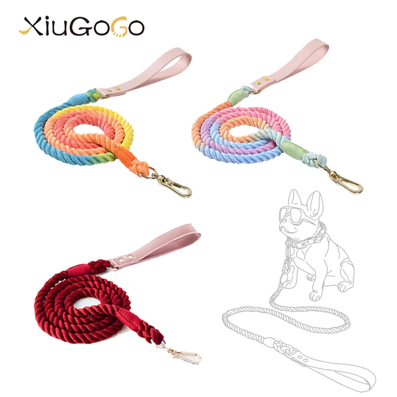 1.2/1.5M Dog Leash Handmade Braided Cotton Leather Traction Rope Set For Pet Accessories Rainbow Navy Grey Red Colorful  Choice