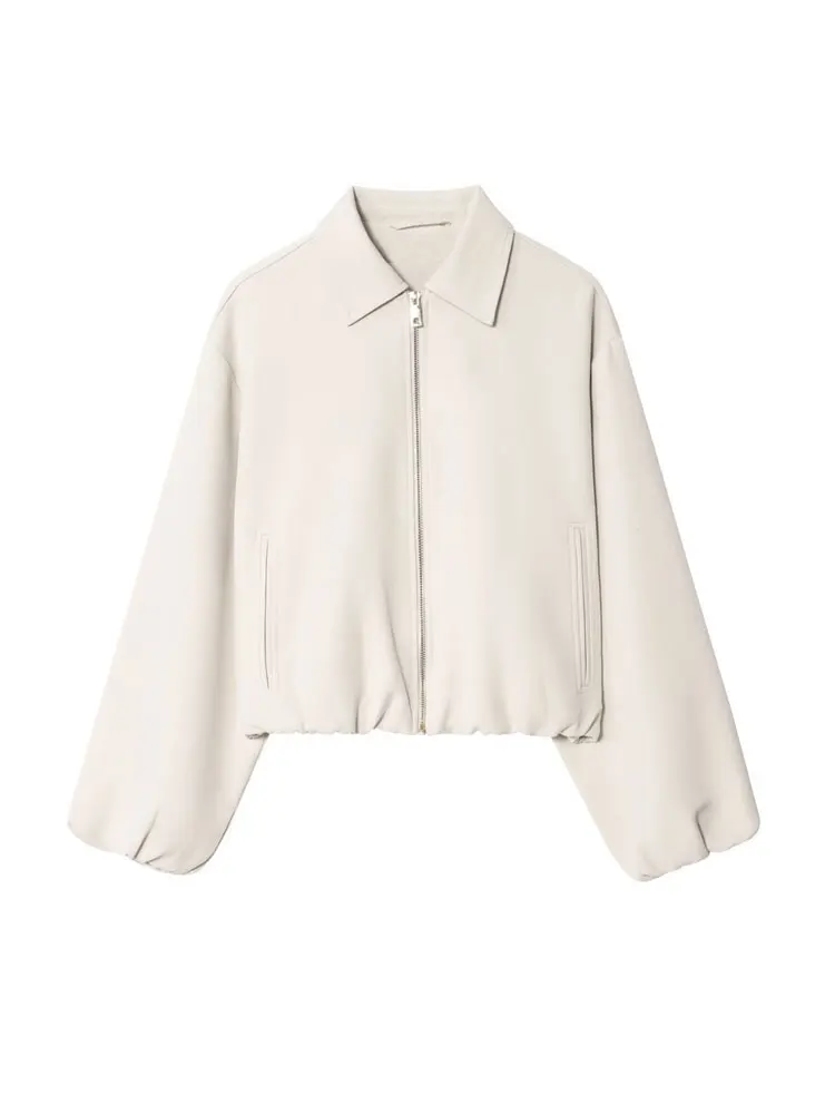 เสื้อแจ็คเก็ตทรงบอมเบอร์หลวมสำหรับผู้หญิง มีกระเป๋า แขนยาว ปกเสื้อแบบปกเชิ้ต ซิปด้านหน้า เสื้อคลุมแฟชั่นสุดชิค