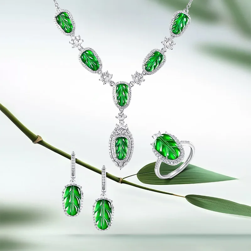 

Natural A Jadeite Yang Green Leaf Jewelry Set S925 Silver Ice Jade Necklace Earrings Ring for Women
