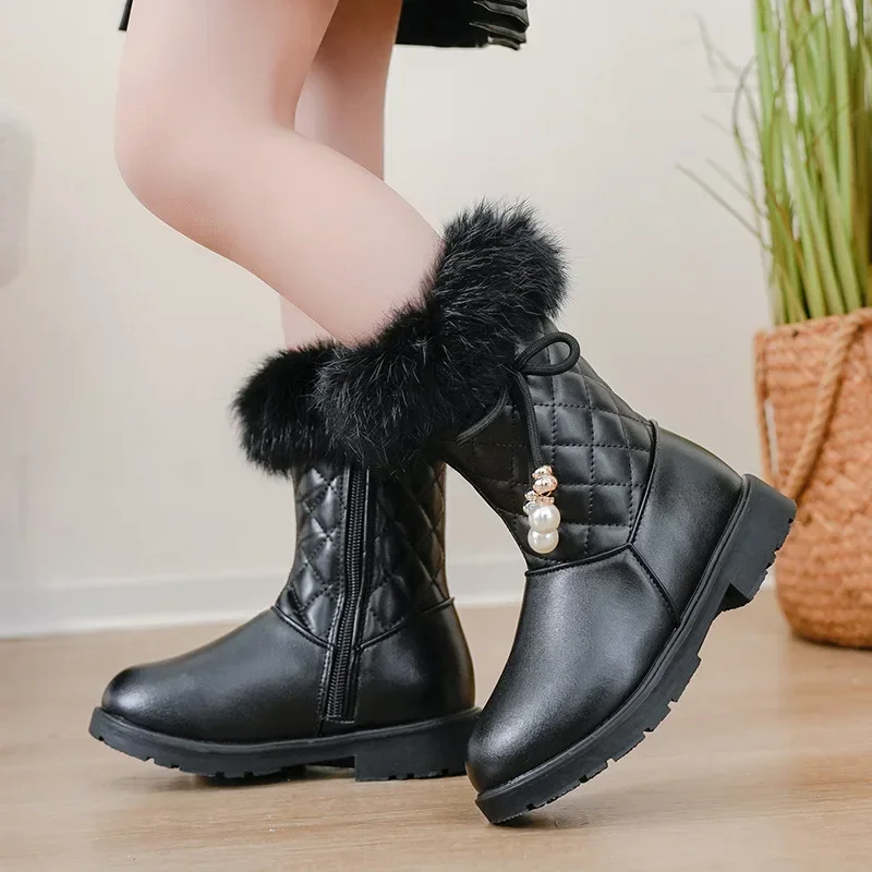 

Girls Princess Boots Warm Shoes for Winter Kids Long Boots with Fur 2025 New Fashion Sweet Girls Leather Snow Boots with Bow