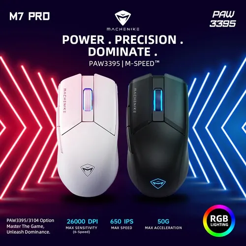 Machenike M7 Pro Mouse Inalámbrico 2,4 GHz Para Juegos Ratón RGB Con 7 Botones Programados 26000 DPI, 650 IPS, PAW 3395 Sensor Baja Latencia Ultraligero Compatible Con PC