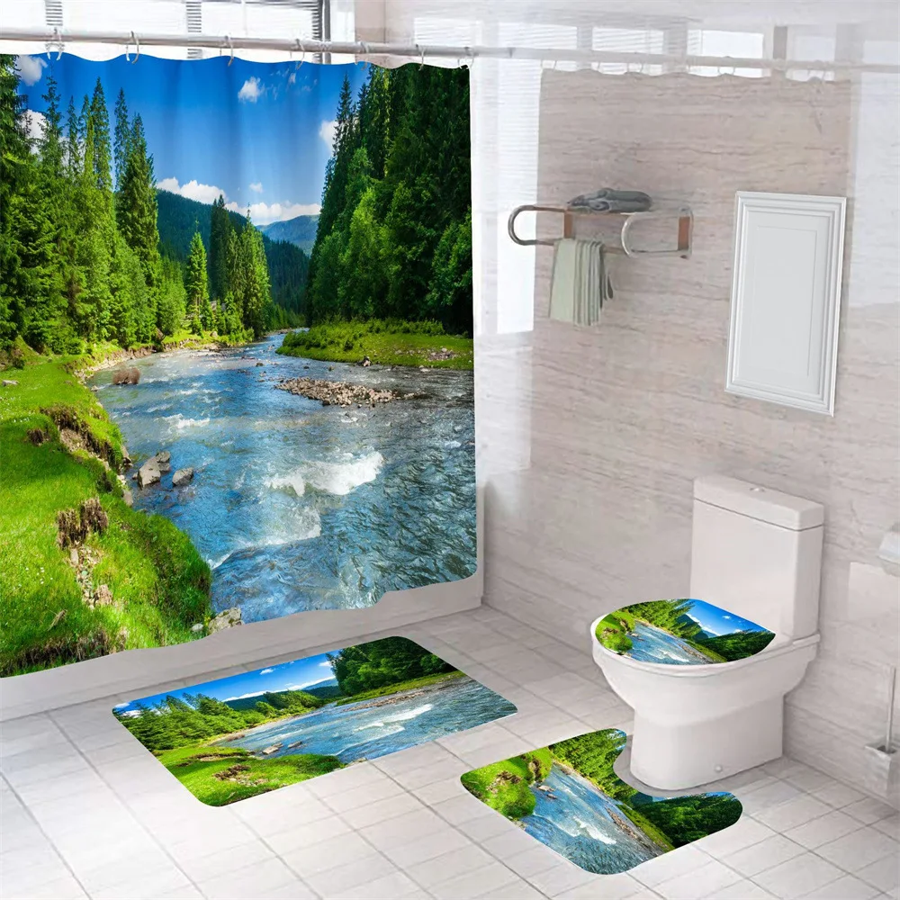 Nature Scenery Shower Curtain Set Green Forest Mountain River Landscape Bathroom Shower Curtain Waterproof Fabric Bathroom Sets