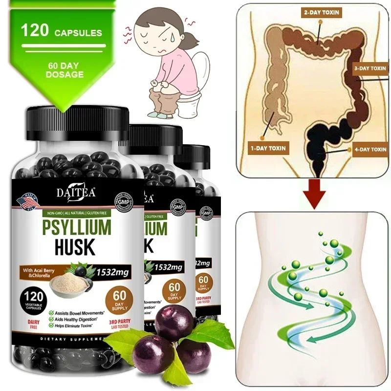 Psyllium Husk Capsules, Non-GMO, Gluten-free, Natural Soluble Fiber, Beneficial To Intestinal Digestion, Detox and Bowel Health