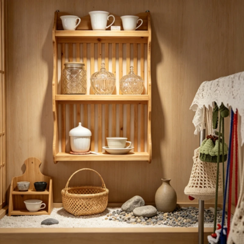Solid Wood Floating Shelf for Kitchen, Bottle Organizer, Tableware Storage, Wall-Mounted Cabinet