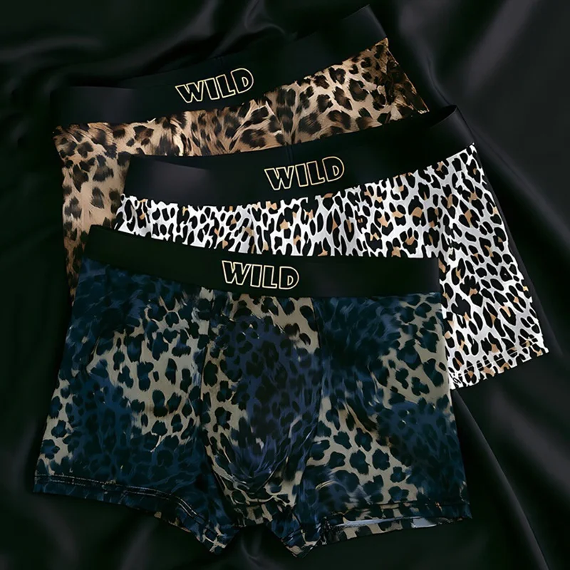 3PCS! Men's Underwear! Leopard Print sexy Trend Breathable Comfortable Youth Boxer Personality Sports Stretch Boxer