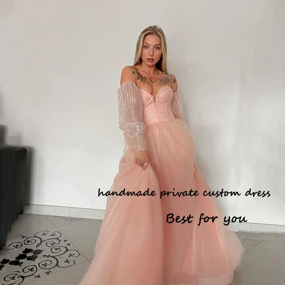 

Baby Pink Sparkly Tulle Fairy Prom Dresses Sweetheart 3/4 Sleeve A Line Evening Party Dress Long Graduation Gowns