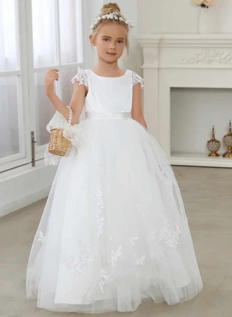 

White Ivory Flower Girls Dress Lace Appliques Tulle Floor Length Backless First Communion Fluffy Party Dresses