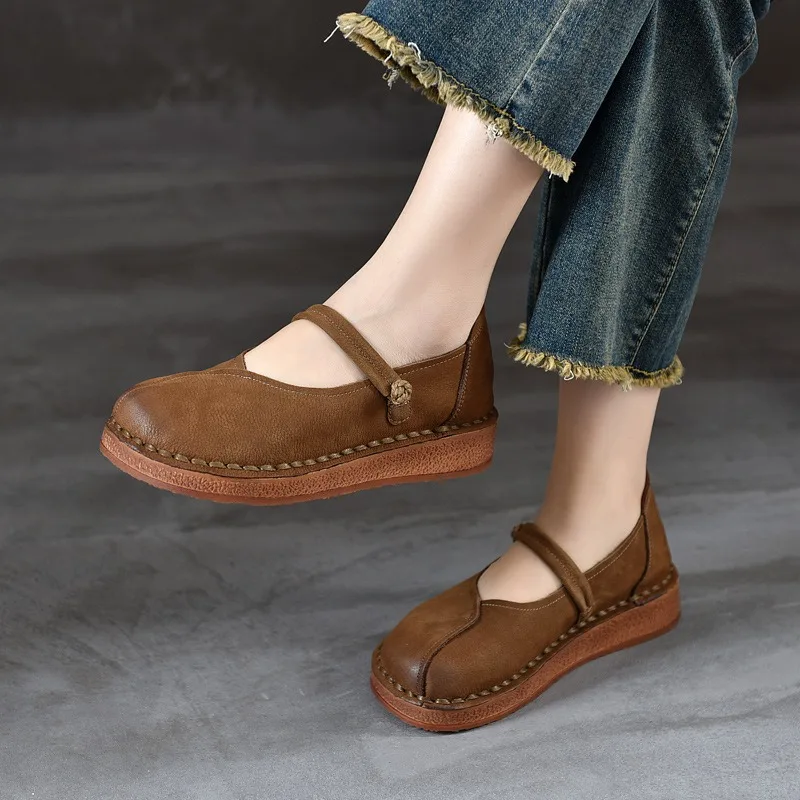 

Birkuir Retro Flats Mary Jane Shoes For Women Sewn Button Genuine Leather Soft Soles Flat Platform Luxury Handmade Lazy Shoes