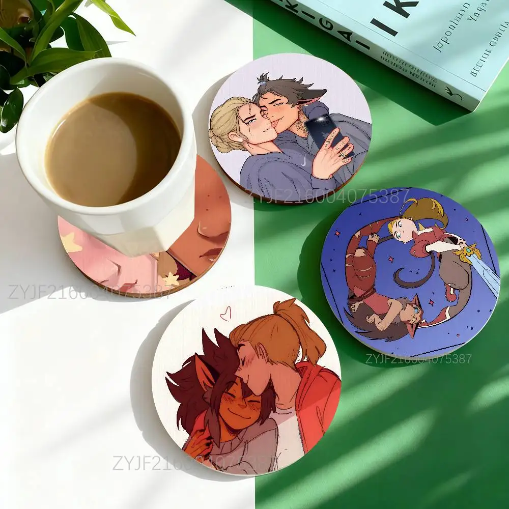 

C-Catradora Shera Pattern Art Coasters Round Wooden Heat Resistant Non-Slip Home Decor Gift Multifunctional