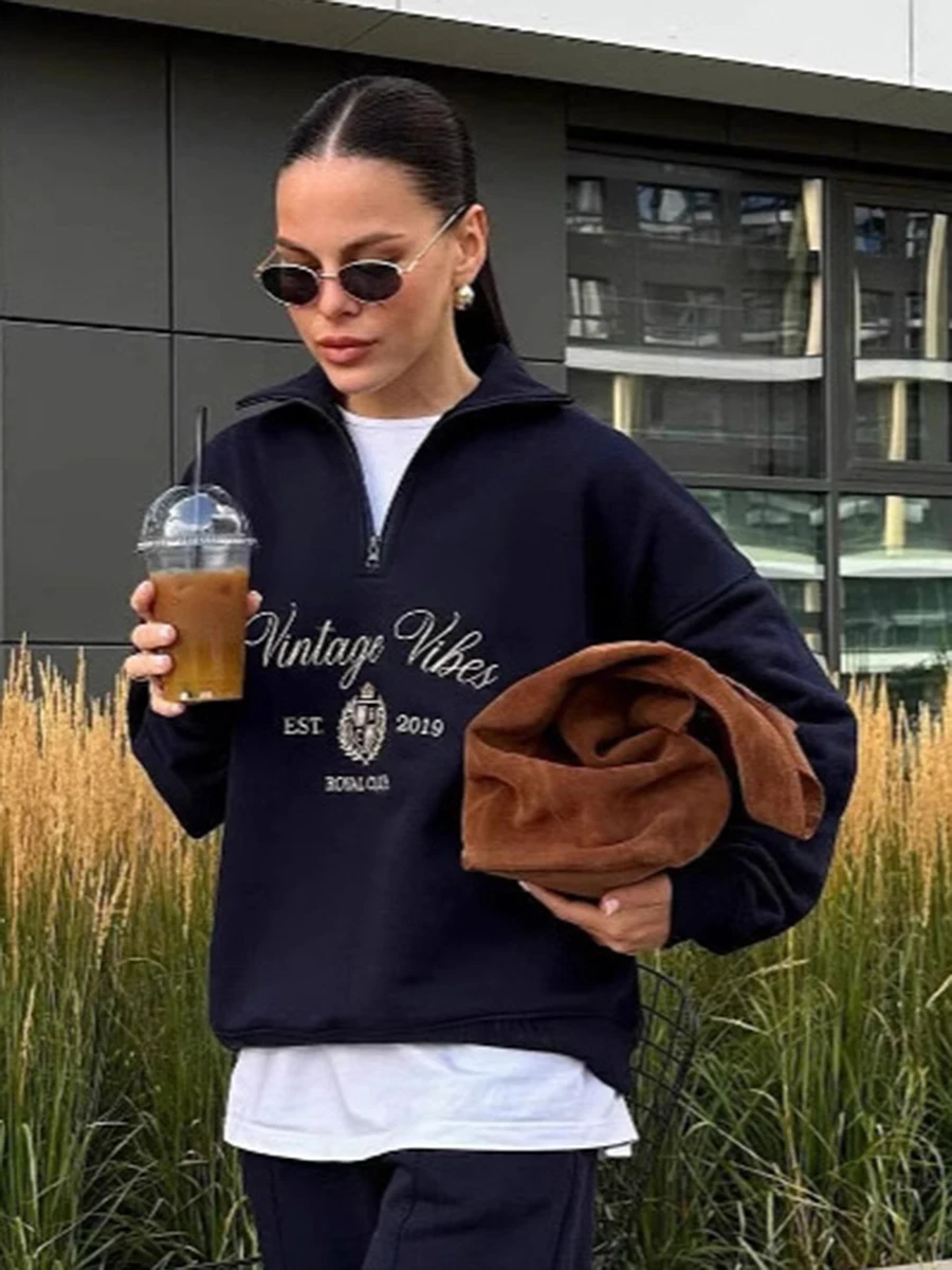 Felpa con ricamo a lettera vintage da donna con cerniera colletto con risvolto felpe a maniche lunghe autunno streetwear moda pullover sportivi