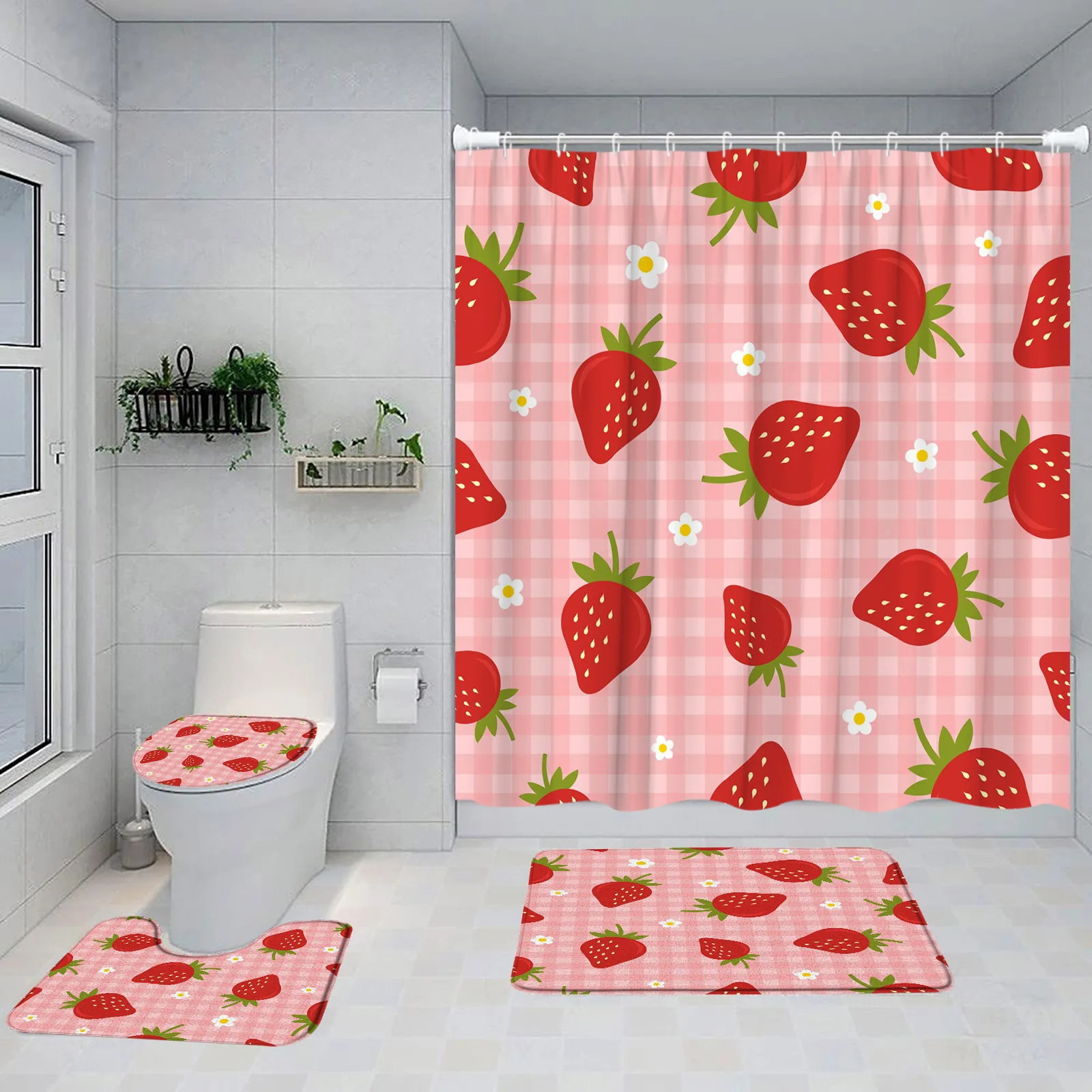 Strawberry Pink Shower Curtain Set Girls Woman Fruit Summer Bathroom Decoration Bathtub Rug Mat Home Carpet Toilet Lid Cover