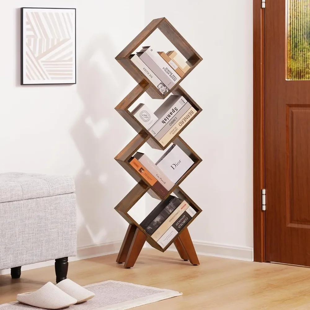 Creative Bookshelf, Tall Bookcase 4-Tier Bookcases, Wood Bookcases Book Organizer, Industrial Bookshelves Floor Standing