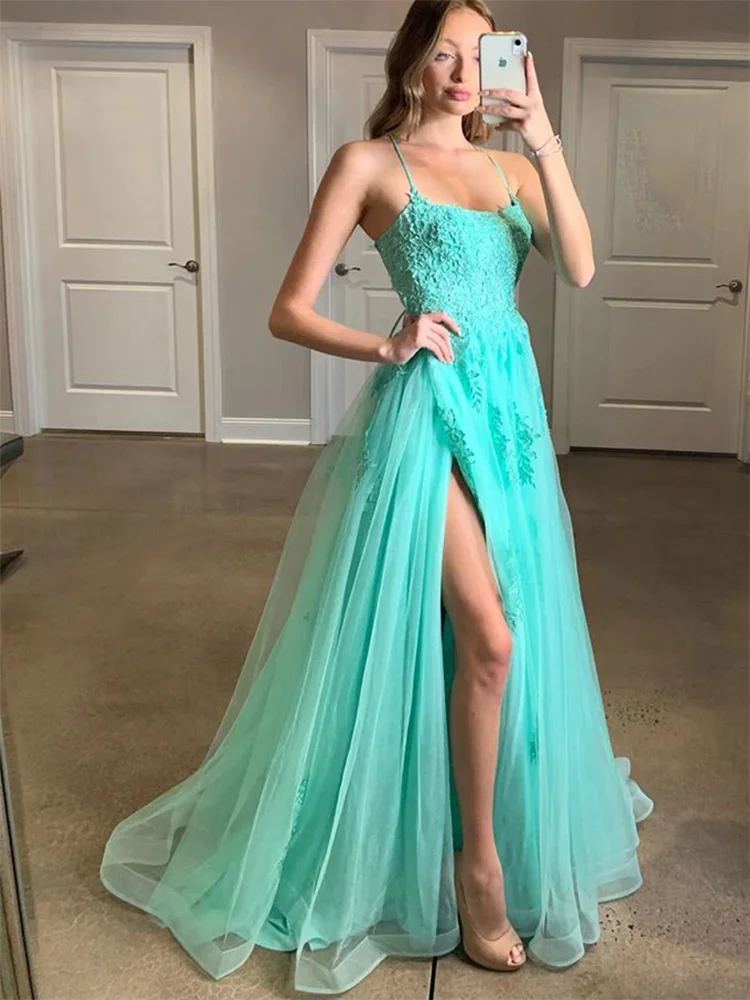 Tulle A-line Prom Dress Applique Lace-up Backless Split Halter Square Neck Sexy Sleeveless Evening Dress for Every Elegant Party