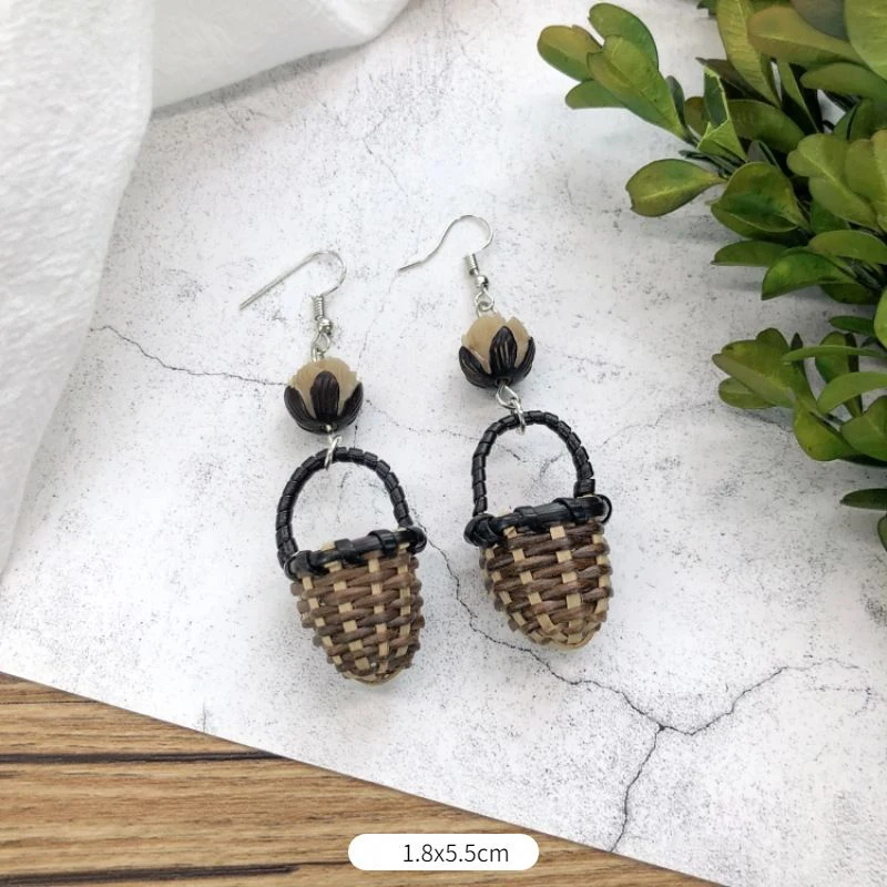 Cute Small Rattan Basket Earrings For Women Unique Rattan Weaved Statement Jewelry Fashion Bohemian Wooden Earrings Wholesale