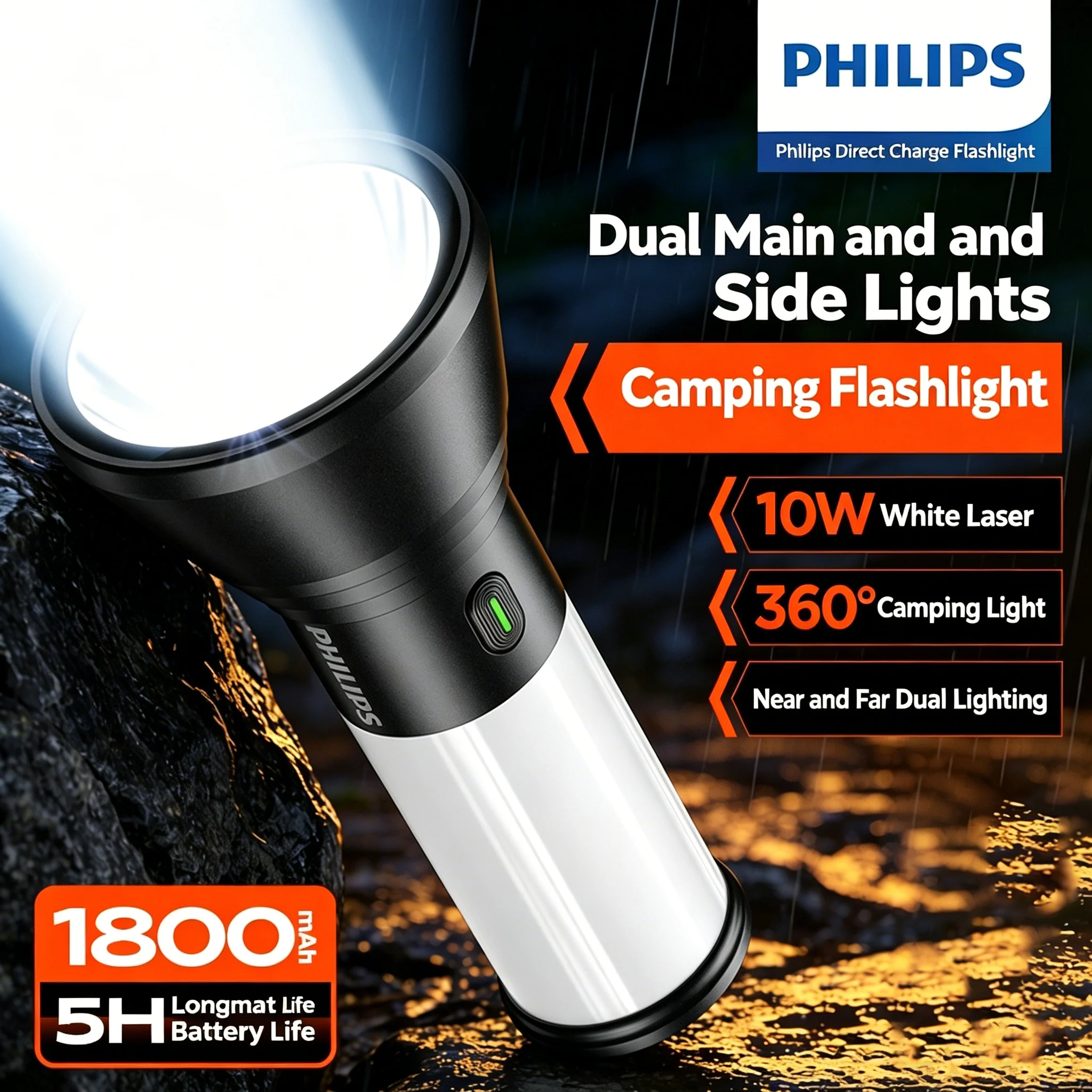 Philips Camping Lamp with Main Side Dual Lights 360 Degree Illumination for Outdoor Camping Night Reading Emergency Repair