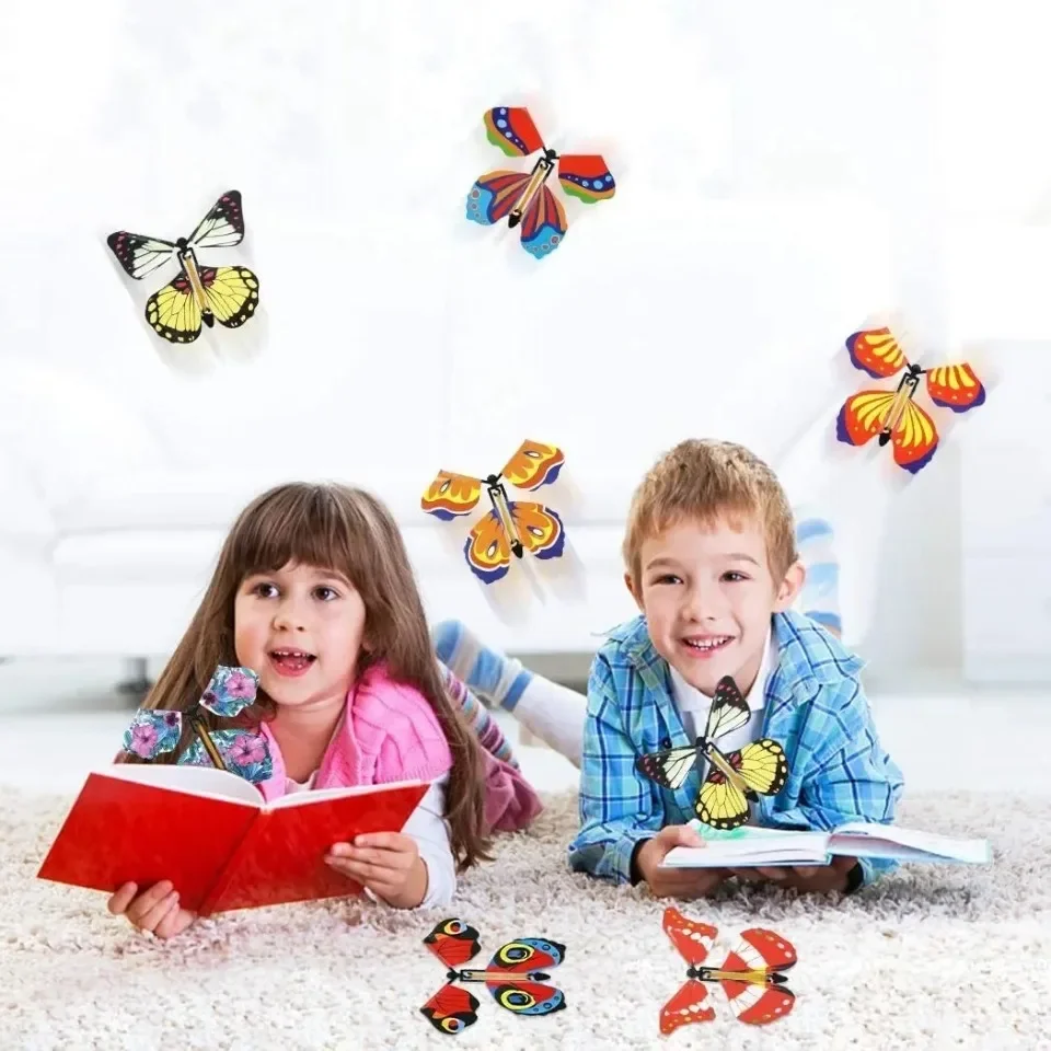 Magic Flying Butterflies Wind Up Toy in The Sky Bookmark Greeting Cards Rubber Band Powered Kids Magic Props Surprise Gifts