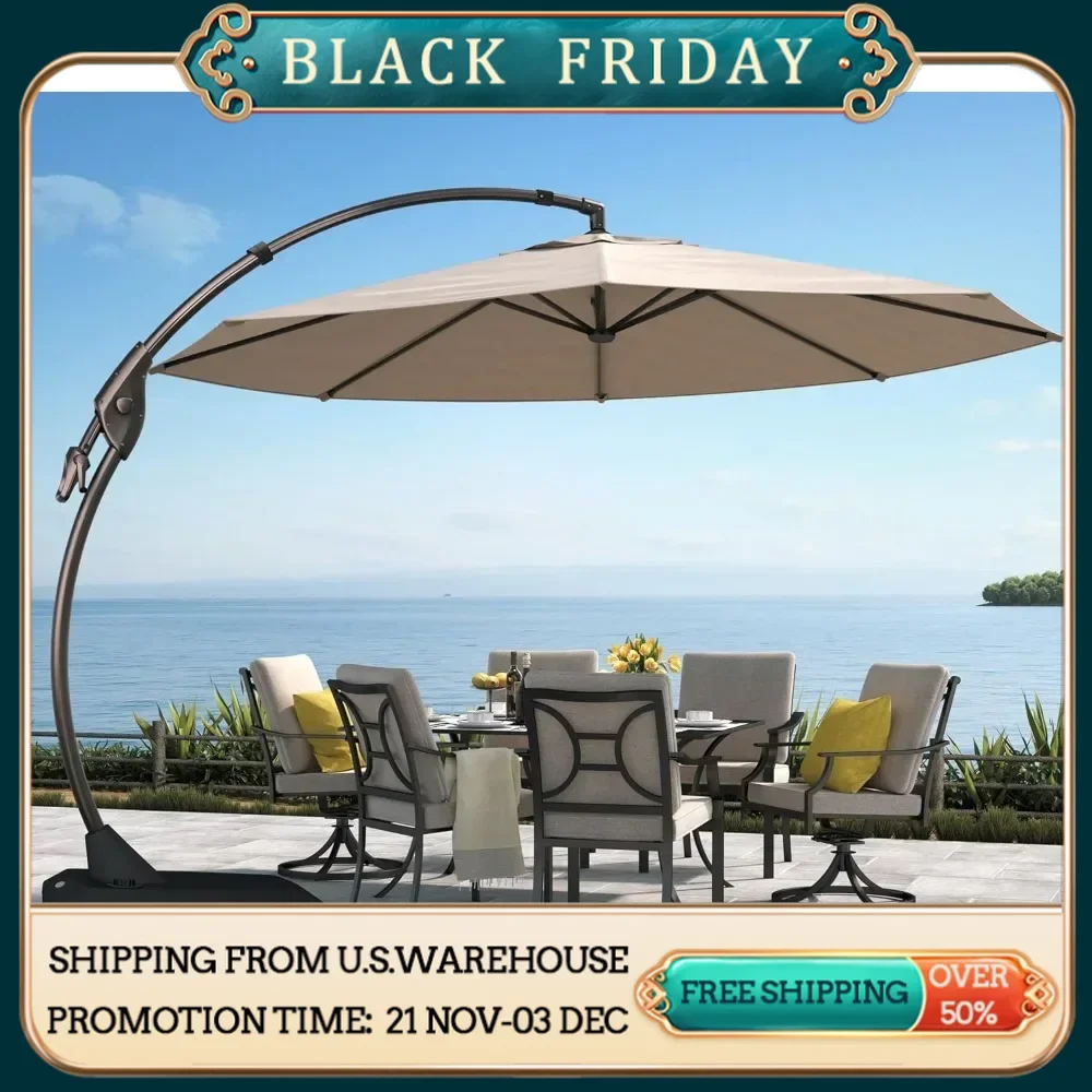 11FT Cantilever Umbrella with Base Outdoor Large Round Aluminum Offset Umbrella for Patio Garden Backyard (Champagne, 11 FT)