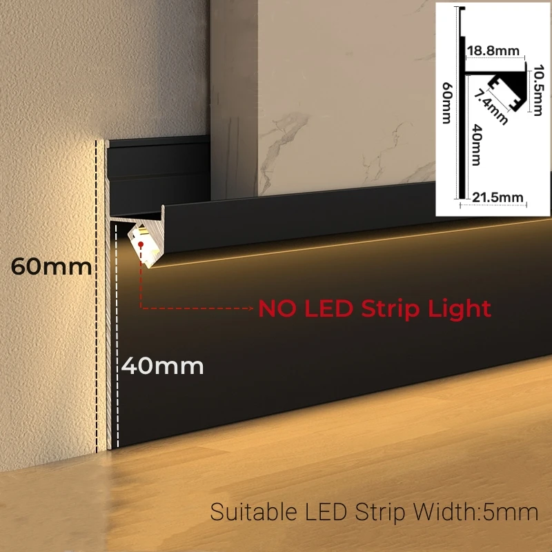 H60mm Wall Trim LED Skiritng Line Aluminum Profile Recessed Hidden Drywall Baseboard Channel Corner Floor Decor Bar Strip Lights