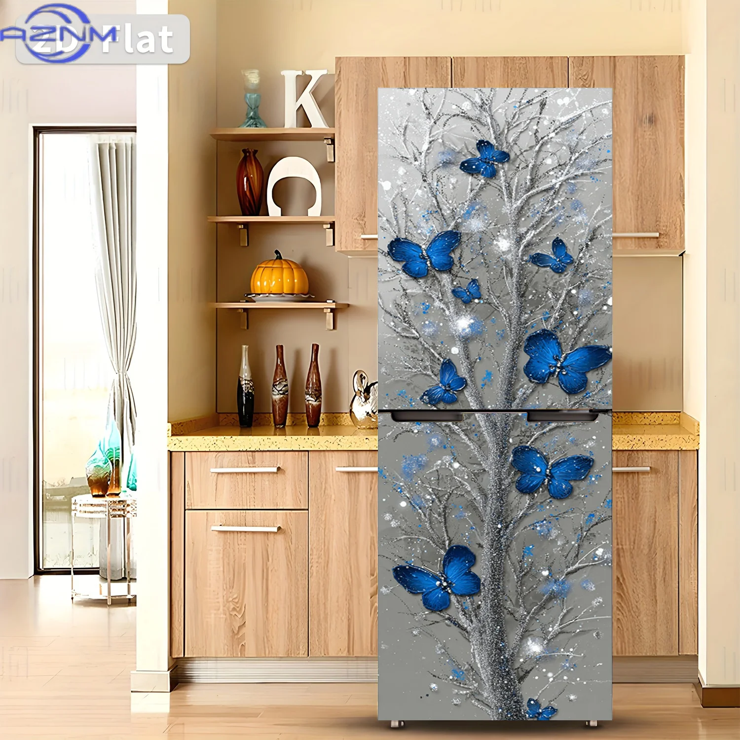 2D Flat Printing 1pc Refrigerator Sticker  Silvery Branch Blue Butterfly Pattern Themed Design Wall Decal Self-Adhesive Wallpa
