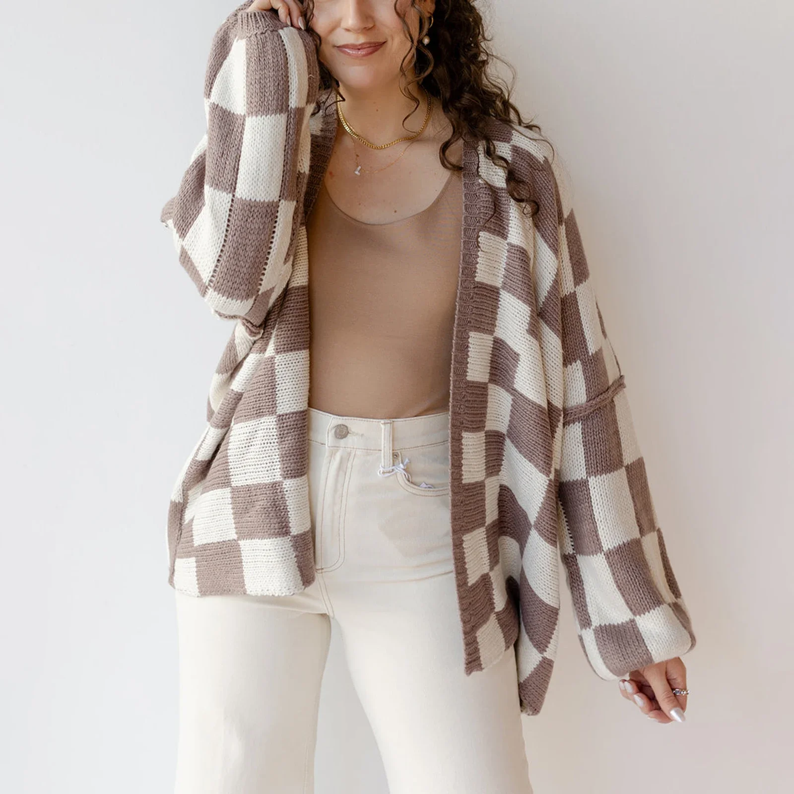 Women Oversized Plaid Cardigan Y2K Long Sleeve Checkered Open Front Knit Sweater Casual Loose Outwear Streetwear