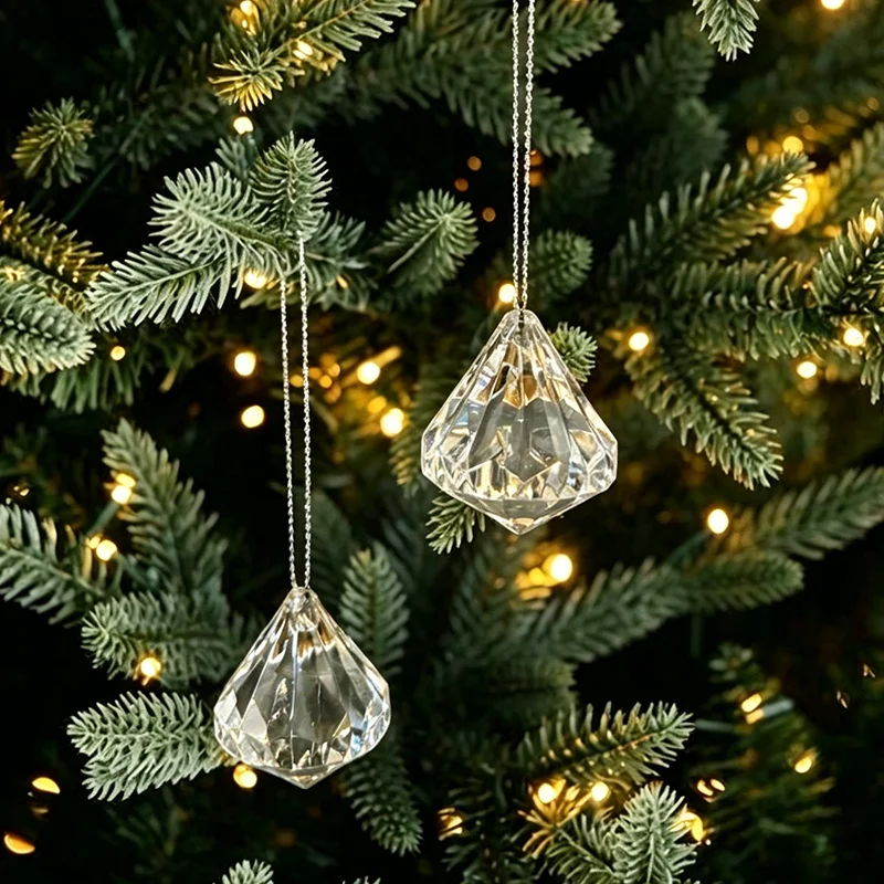 Clear Faceted Diamond Crystal Christmas Ornaments Acrylic Gem Hanging Pendants for Xmas Tree Home Holiday Decoration