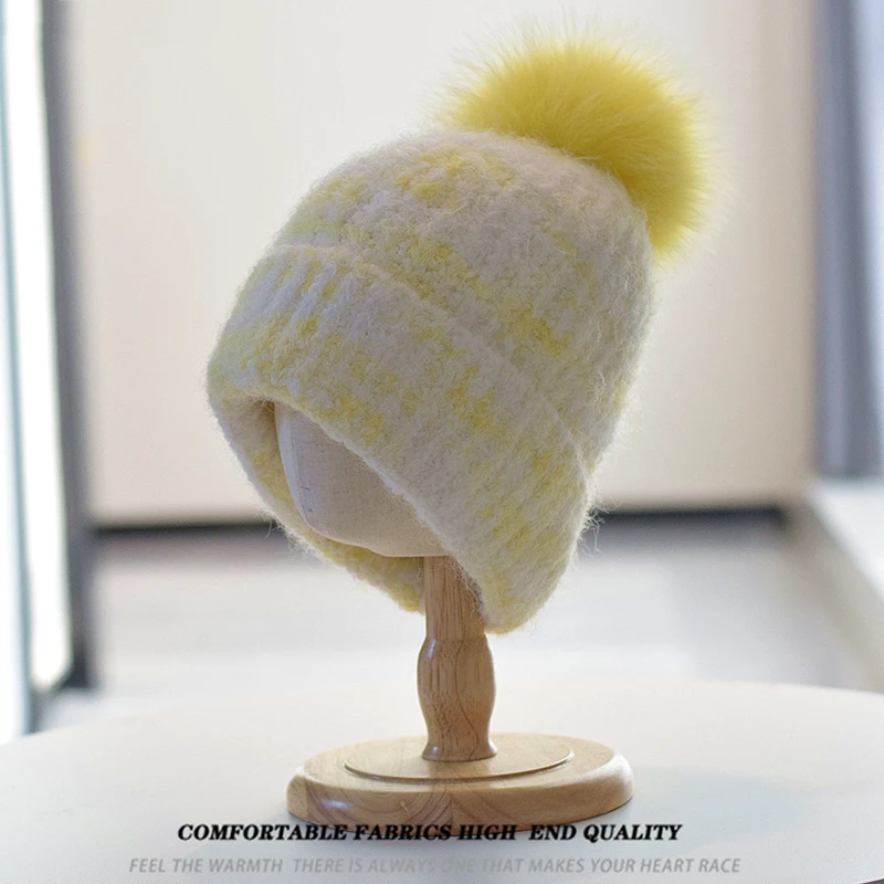 

Hat Women Winter Beanie Pompom Real Fur Wool Knit Warm Accessory For Girls Autumn Cold Weather Skiing Outdoor Holiday