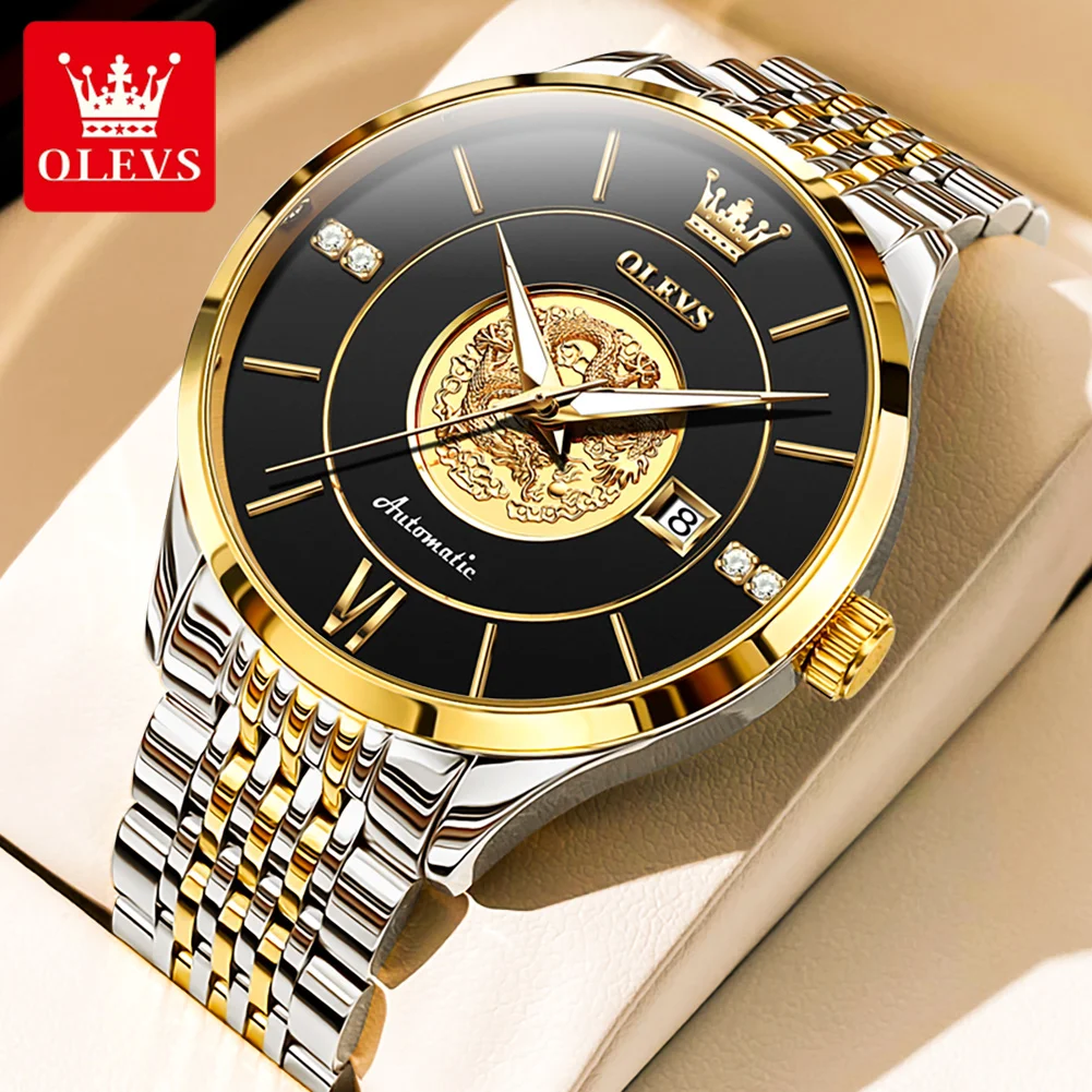 

OLEVS Original Luxury Fashionable Fully Automatic Mechanical Watch Strap Calendar Waterproof Luminous Men's Watches 3D Relief