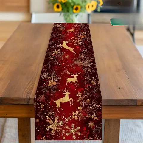 Elegant Burgundy & Golden Christmas Table Runner Red Winter Holiday Decor Kitchen Dining Table Decoration Home Party