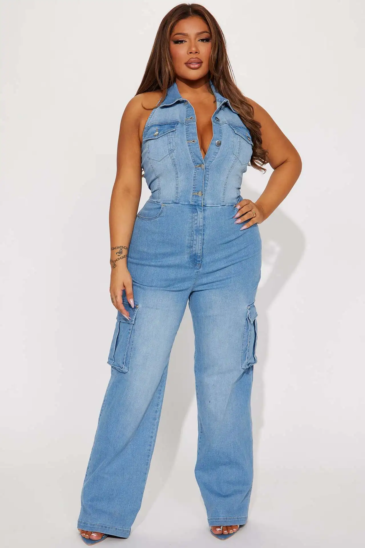 Sexy Denim Jean Jumpsuit 2024 Women Summer Clothes Pocket Cargo Pants Y2K Streetwear One Piece Denim V Neck Rompers Jumpsuits