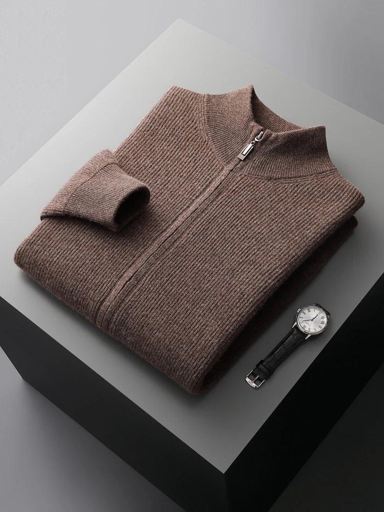 ADDONEE Autumn Winter Men Zipper Cardigan Mock Neck Thick Cashmere Sweater 100% Merino Wool Knitwear Smart Casual Sweater Coat