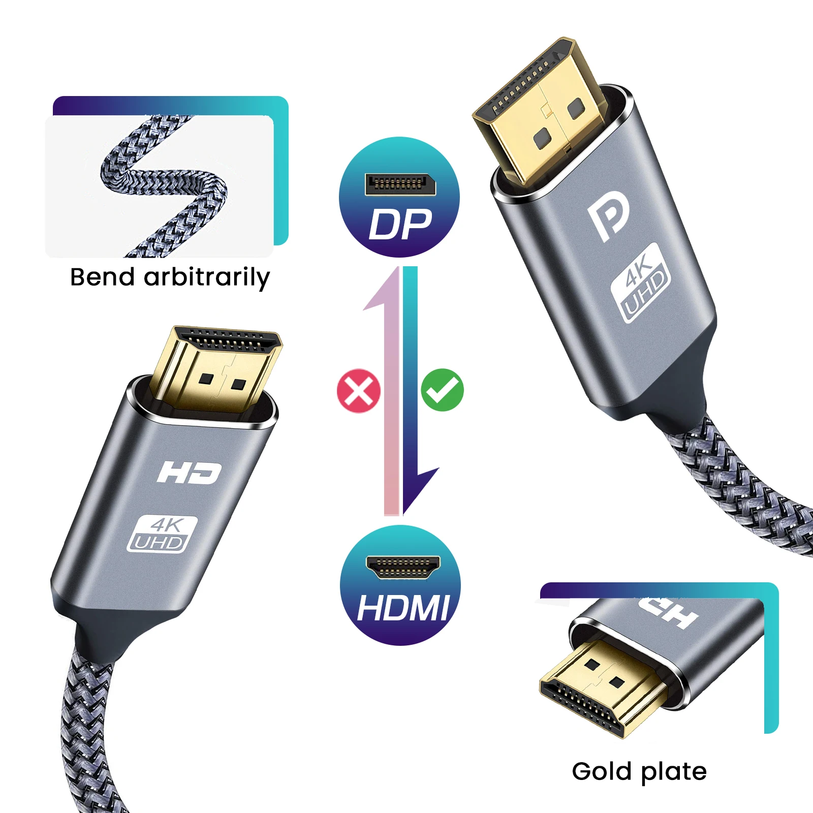 4K DisplayPort to HDMI Cable Adapter 6.6ft 2m  DP to HDMI Male Video UHD 1440P/2K@120Hz,4K@30 Nylon DP to HDTV Uni-Directional C