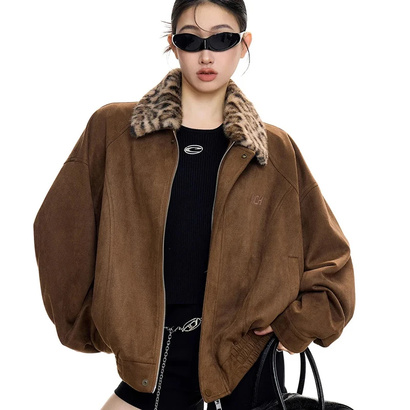 Women Y2K Suede Jacket Leopard Faux Fur Collar Drop Shoulder Coat Zip Up Long Sleeve Loose Fit Retro Streetwear Outerwear Top