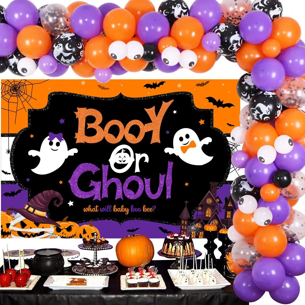 

JOYMEMO Booy or Ghoul Halloween Gender Reveal Party Decorations Booy or Ghoul Backdrop Orange Purple Ghost Theme Balloon Garland