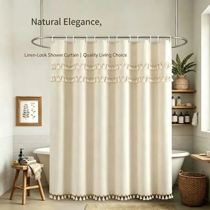 Waterproof Beige Shower Curtain with Tassels Japanese Style Faux Linen Textured Room Divider Drapes for Bathroom Farmhouse Decor