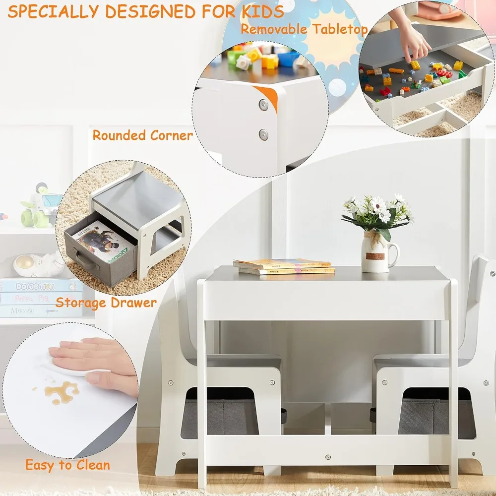 Conjunto de mesa e cadeira infantil, mesa de atividades de madeira 3 em 1 com gaveta de armazenamento para desenho infantil, leitura, 2 em 1 destacável