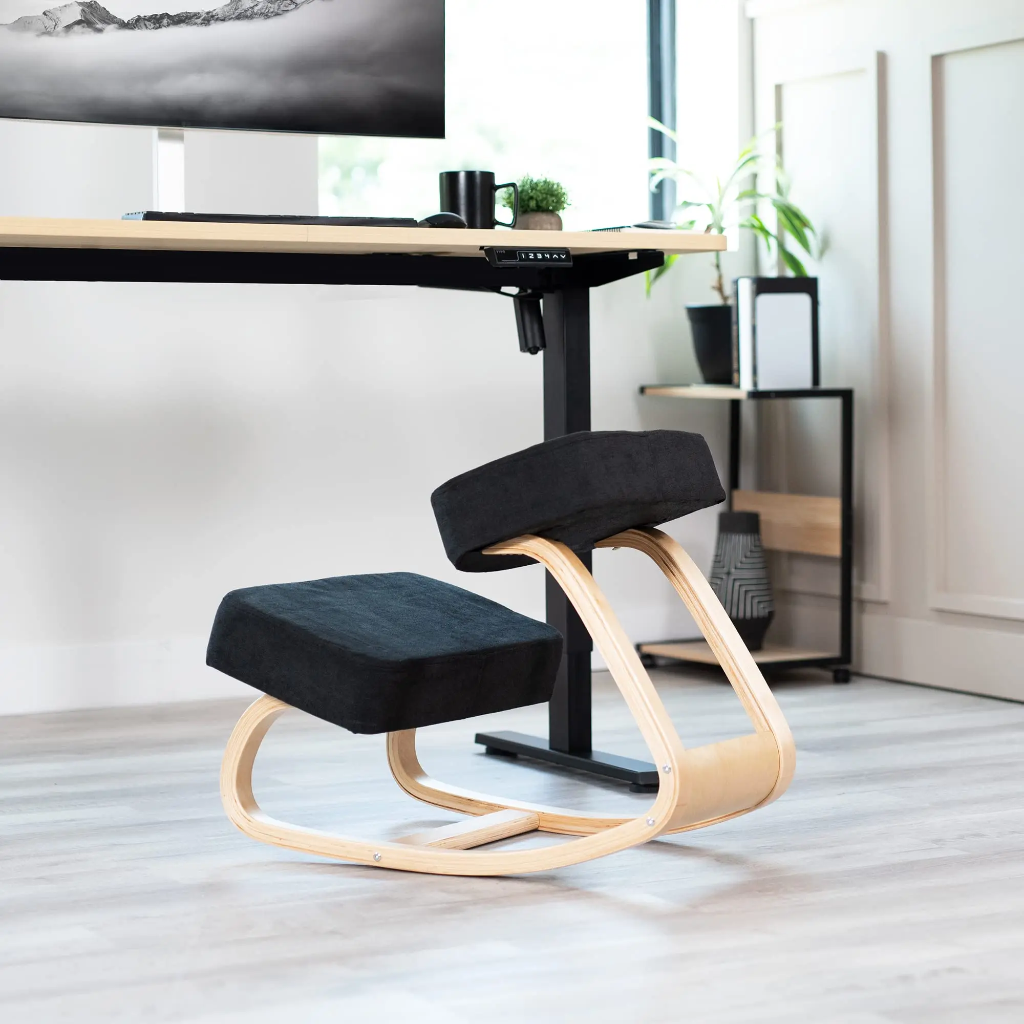 Wooden Rocking Kneeling Chair, Ergonomic Home Office Stool Posture Seat, Thick Black Cushions, Light Wood Frame