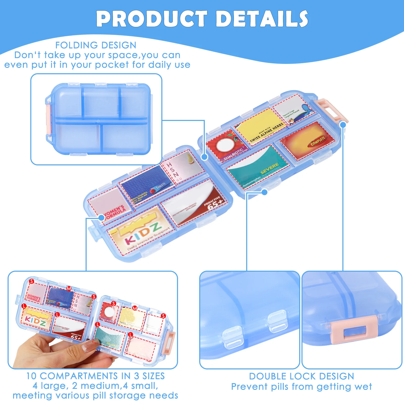 Pill Organize 10 Compartments Storage Container with 175 Labels Pill Case Health Medicine Organizer Travel Supply Mini Pill Box