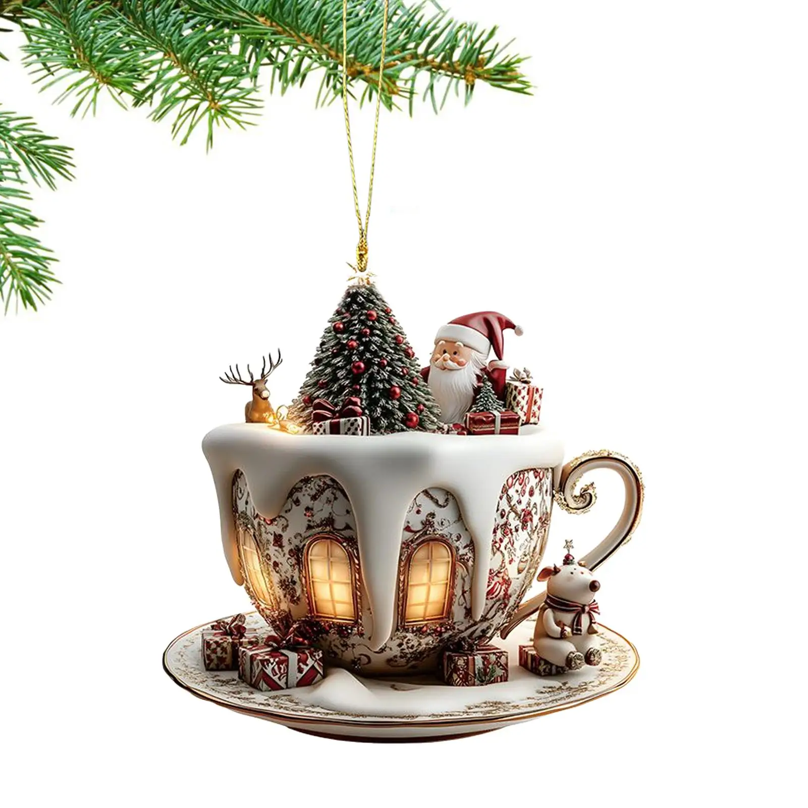 فنجان القهوة الحلي لشجرة عيد الميلاد 2D الاكريليك عيد الميلاد الثلوج منازل الشوكولاته القدح قلادة شجرة عيد الميلاد وديكور السيارة #5