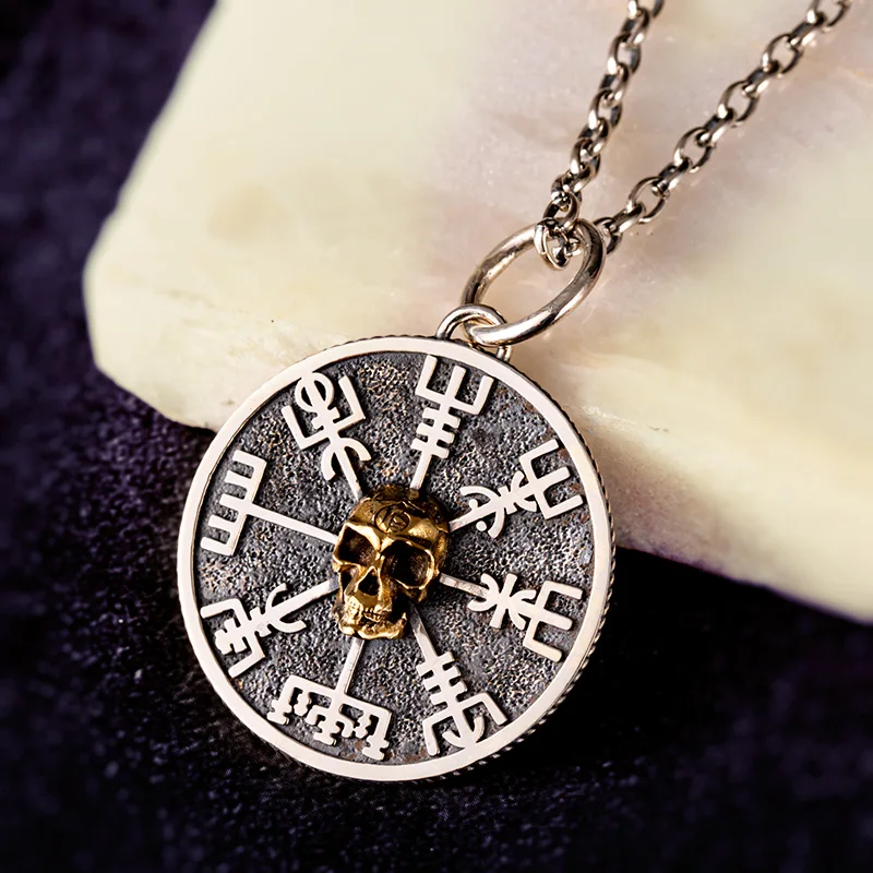 

Nordic Vegvisir Viking Серебряное ожерелье Череп Подвеска Серебряная сварная медь Модные украшения