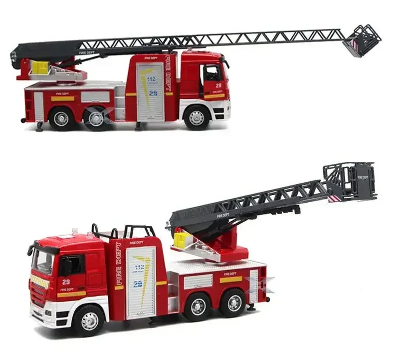 [Funny] 1:32 Lift ladder fire fighting truck toy Firemen open door light and sound alloy car model kids child gift Traffic toy