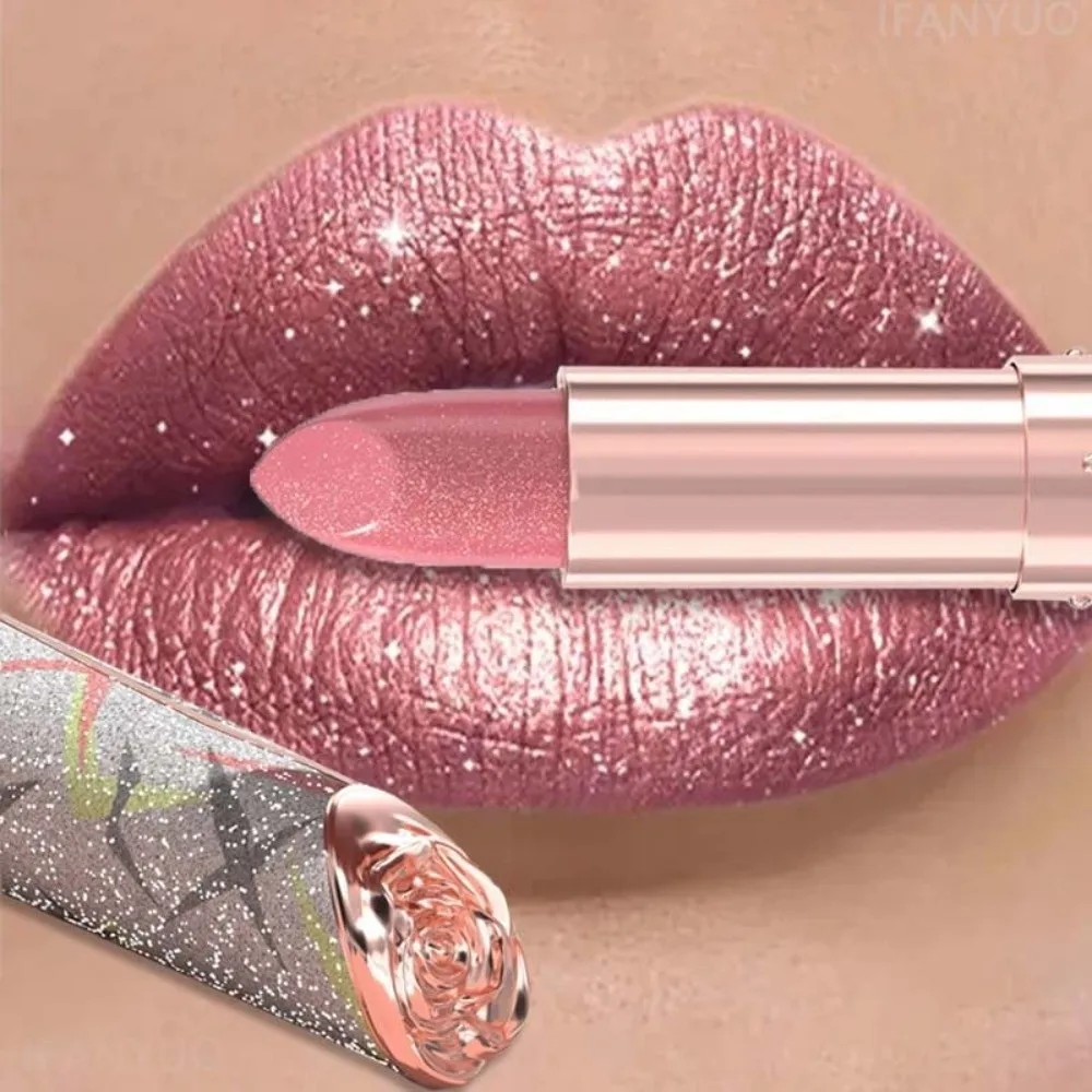 New 7 Colors Metallic Lipstick Pearl Pink Floral Embossed Shimmer Lip Glaze Waterproof Pearlescent Glitter Lip Tint Cosmetic