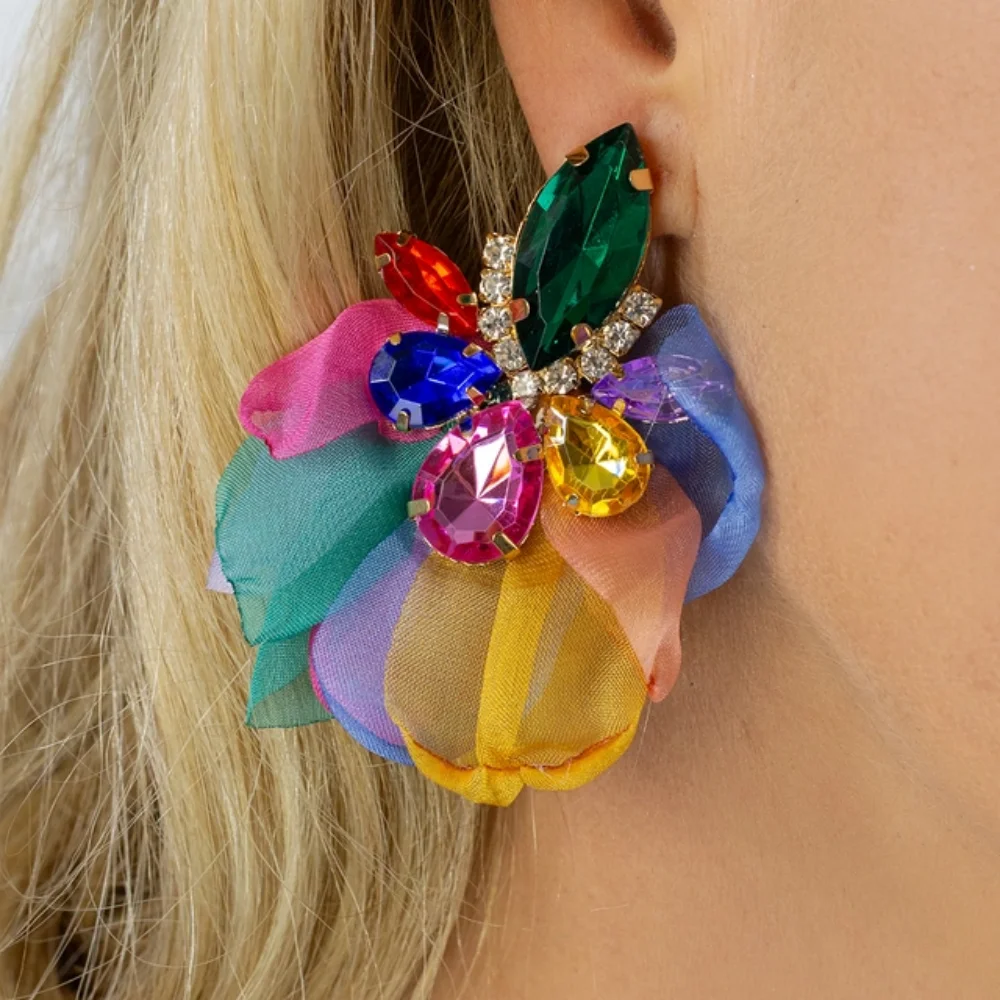 

Romantic Sweet Summer Cotton Lace Flower Big Stud Earrings For Women Trend New Luxury Crystal Wedding Party Jewelry Accessories