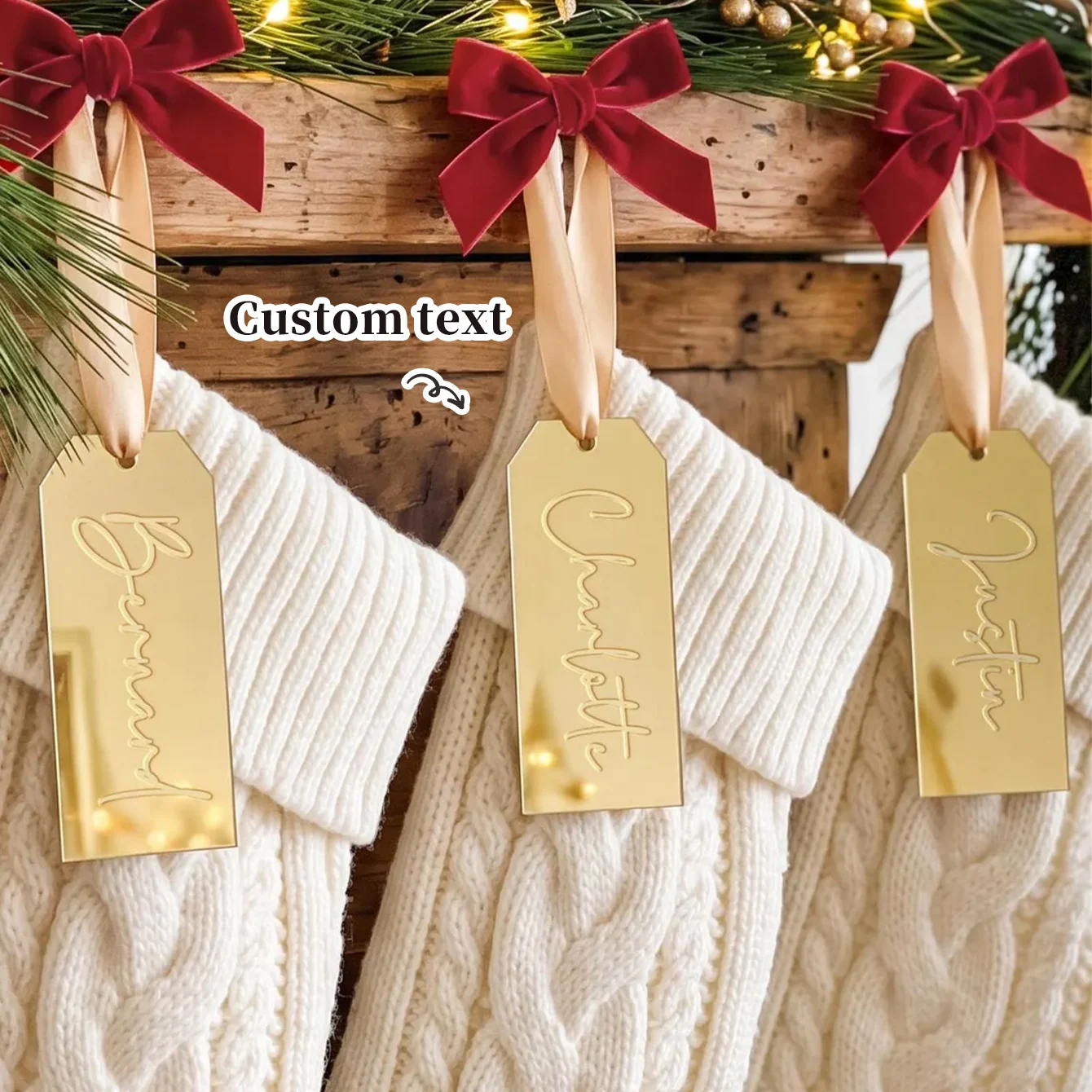 Personalized Christmas Stocking Tags, Custom Mirror Christmas Stocking Tags, Acrylic Name Tags, Christmas Gift Tags, Holiday Decorations, Gold Acrylic Christmas Stocking Tags, Acrylic Name Tags, Acrylic Name Plates, Pe