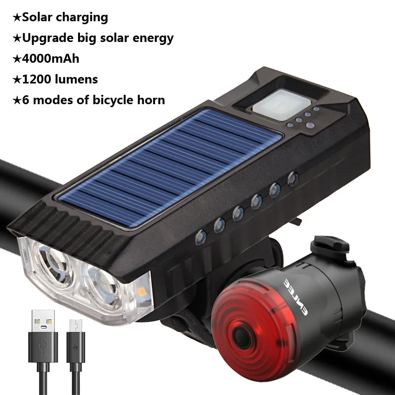 4000mAh Solar Powered Bicycle Light USB Rechargeable Bicycle Headlight Taillight Brightest Combinations Front Back Light & Bell