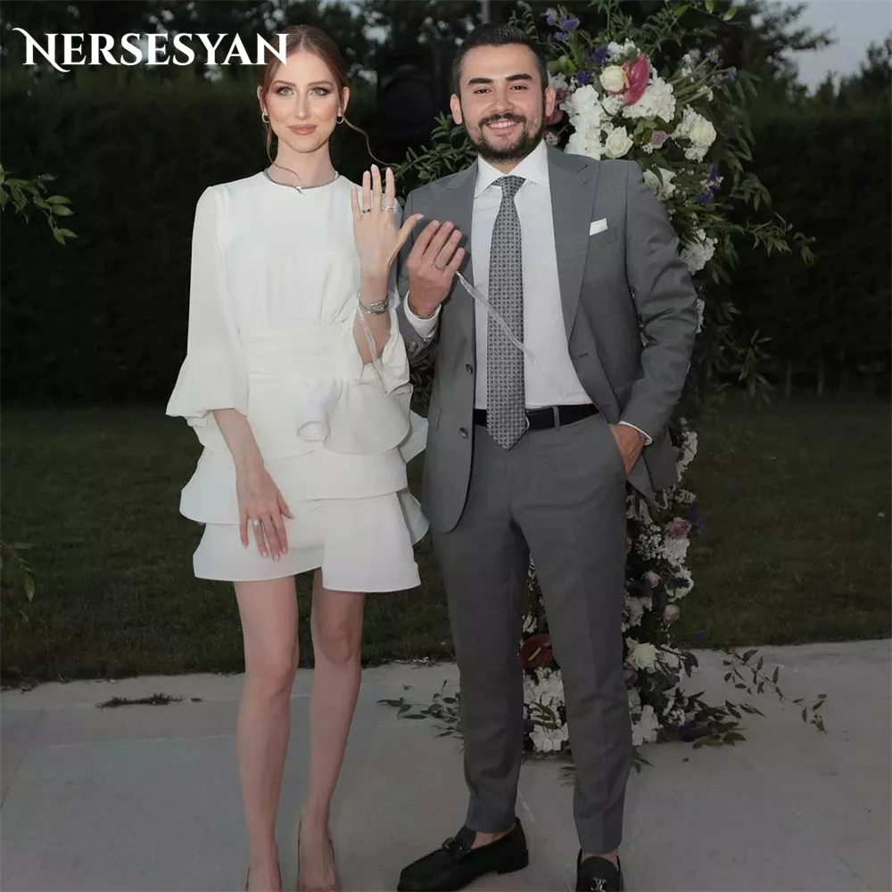 Nersesyan Chiffon Mini Wedding Dresses O-Neck Loose Sleeves A-Line Bridal Gowns Tiered Ruffles Skirt Above Knee Bride Dress 2024