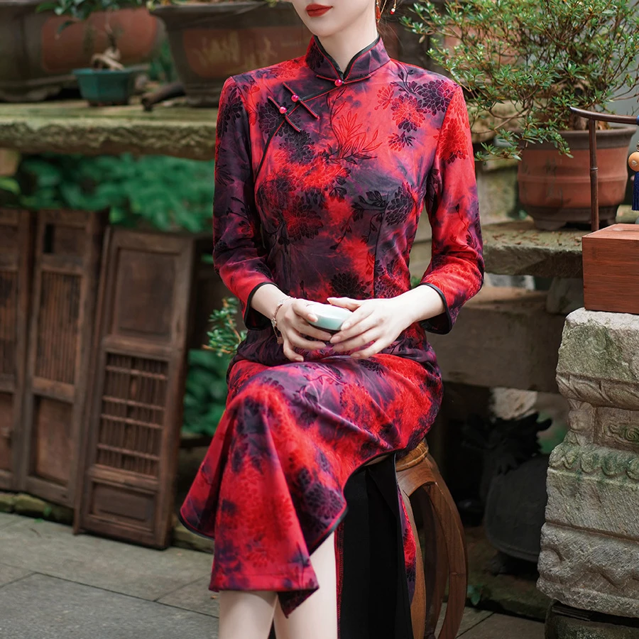 

2023 Autumn Winter New Qipao Women Chinese Traditional Dress Large Size 3Xl 4Xl 5Xl Cheongsam Vestidos Para Mujer Velour Qipao