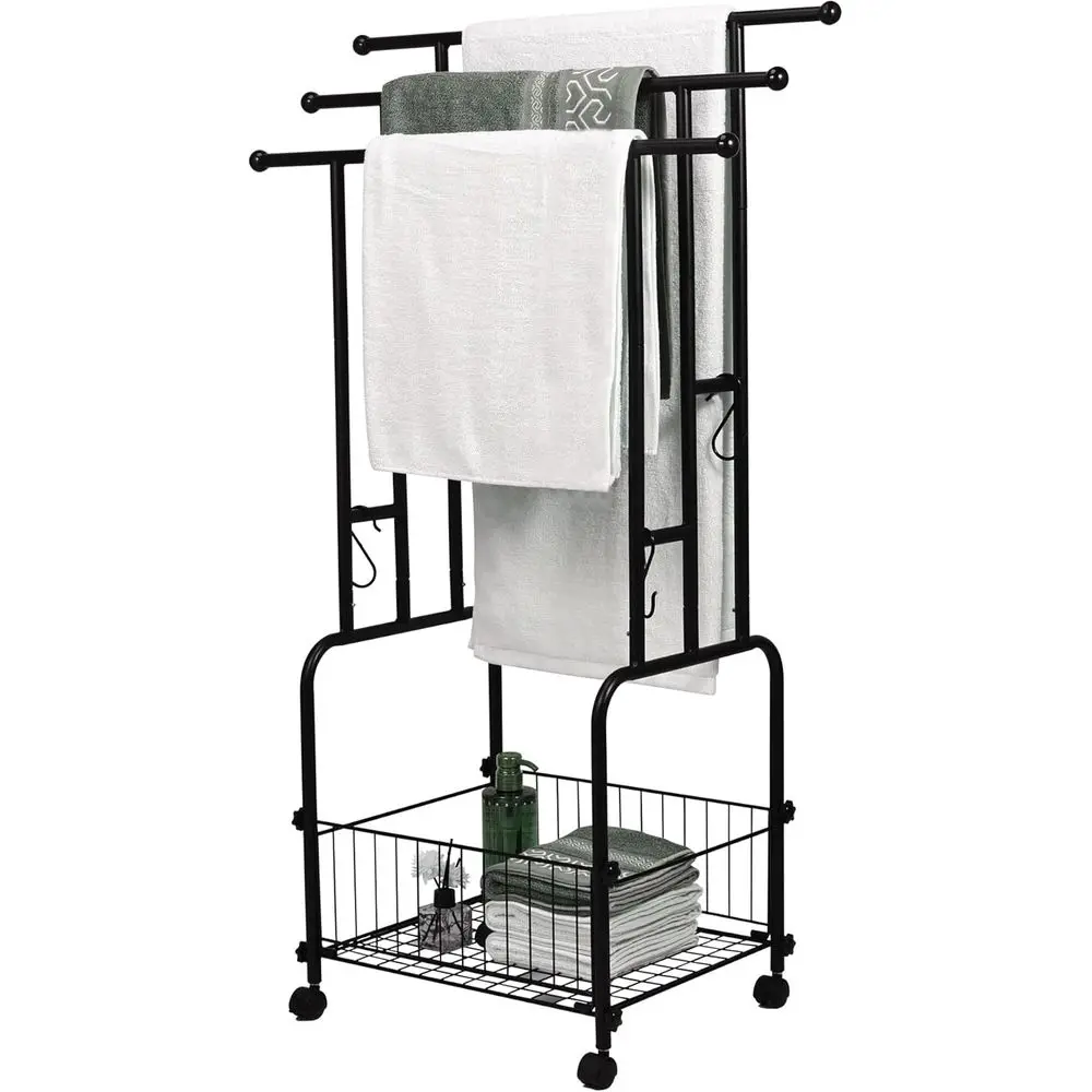 

42 Tall 3 Tier Towel Holder with Storage Basket & 4 Hooks, Indoor Outdoor Standing Towel Racks with Anti-Skid Wheels