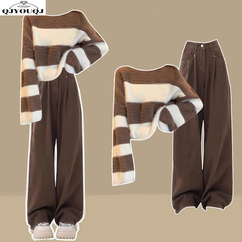 2024 Autumn/Winter Korean New Women's Set Loose Striped Knitted Sweater+High Waist Jeans Two Piece Set