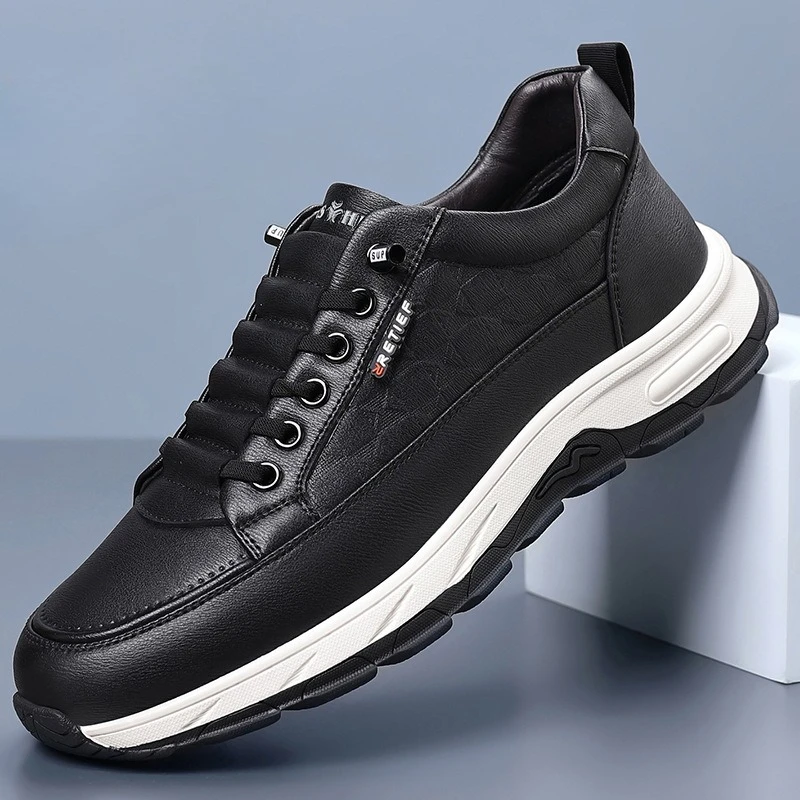 

Spring Autumn New Leather Sneakers Men Solid Color Fashion Platform Shoes Male Sports Style No Laces Required Casual Shoes Man